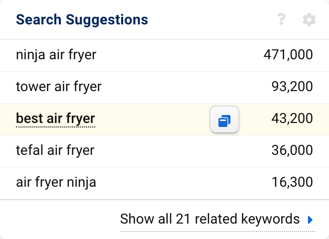 The search suggestions box for the keyword air fryer. Common search suggestions are #ninja air fryer or #best air fryer.