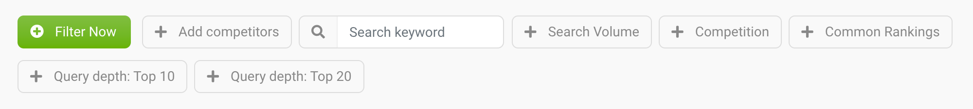 The filter options for the unused keywords. You can add competitors, filter according to search volume or competition level, search for common keywords or limit the rankings found for competitors to the Top 10 or Top 20.