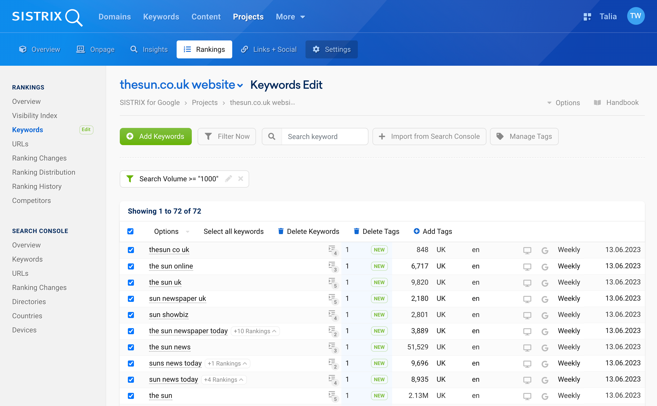 In a project in SISTRIX, the entered keywords can be filtered, selected and then tagged.