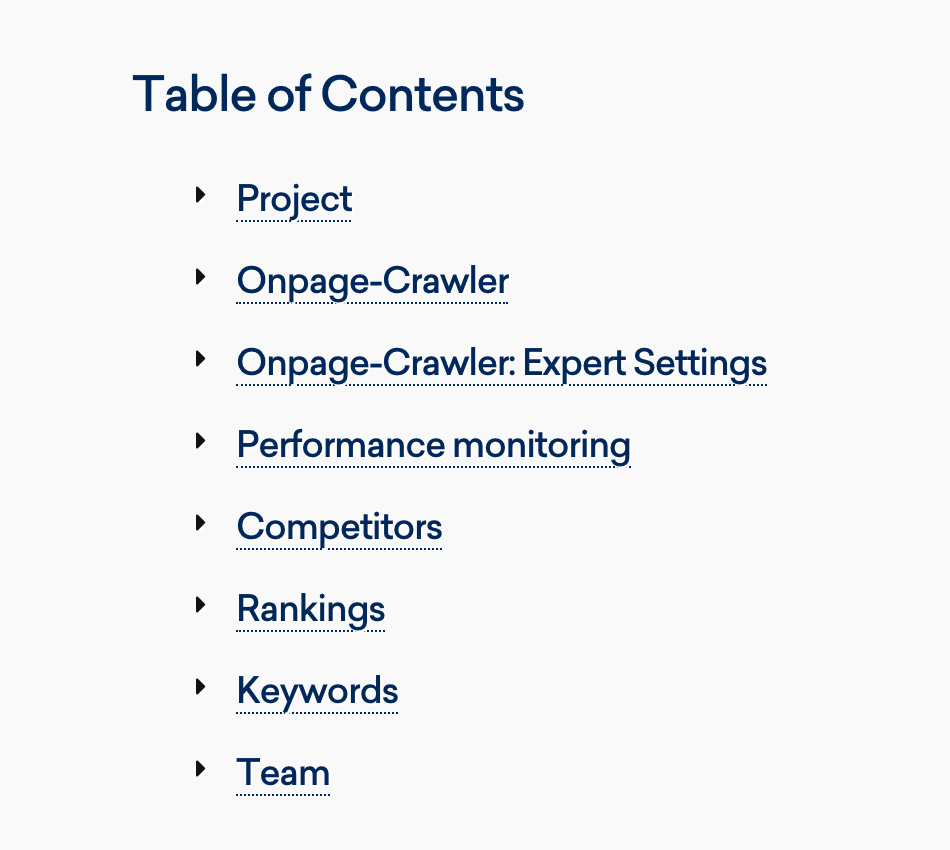 Settings of an Onpage project in SISTRIX