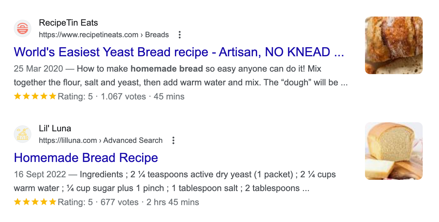 An excerpt of two Google Snippets on homemade bread.