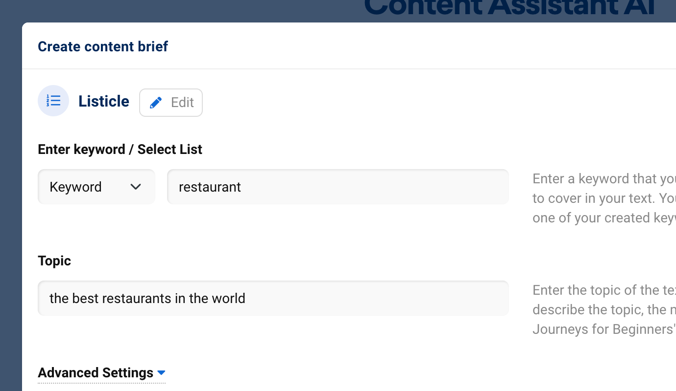 Above the settings of the new content project in SISTRIX there is a button to edit the selected text template again.
