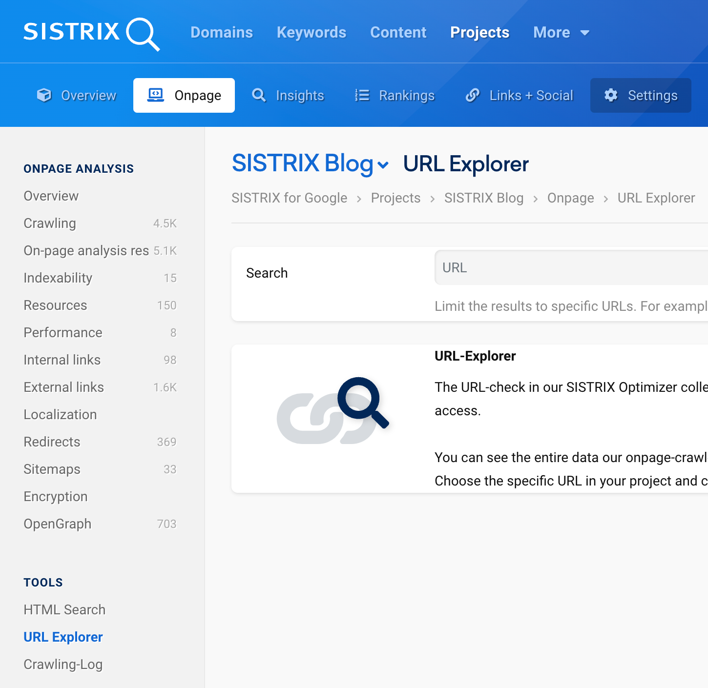 The navigation to the URL Explorer in SISTRIX.