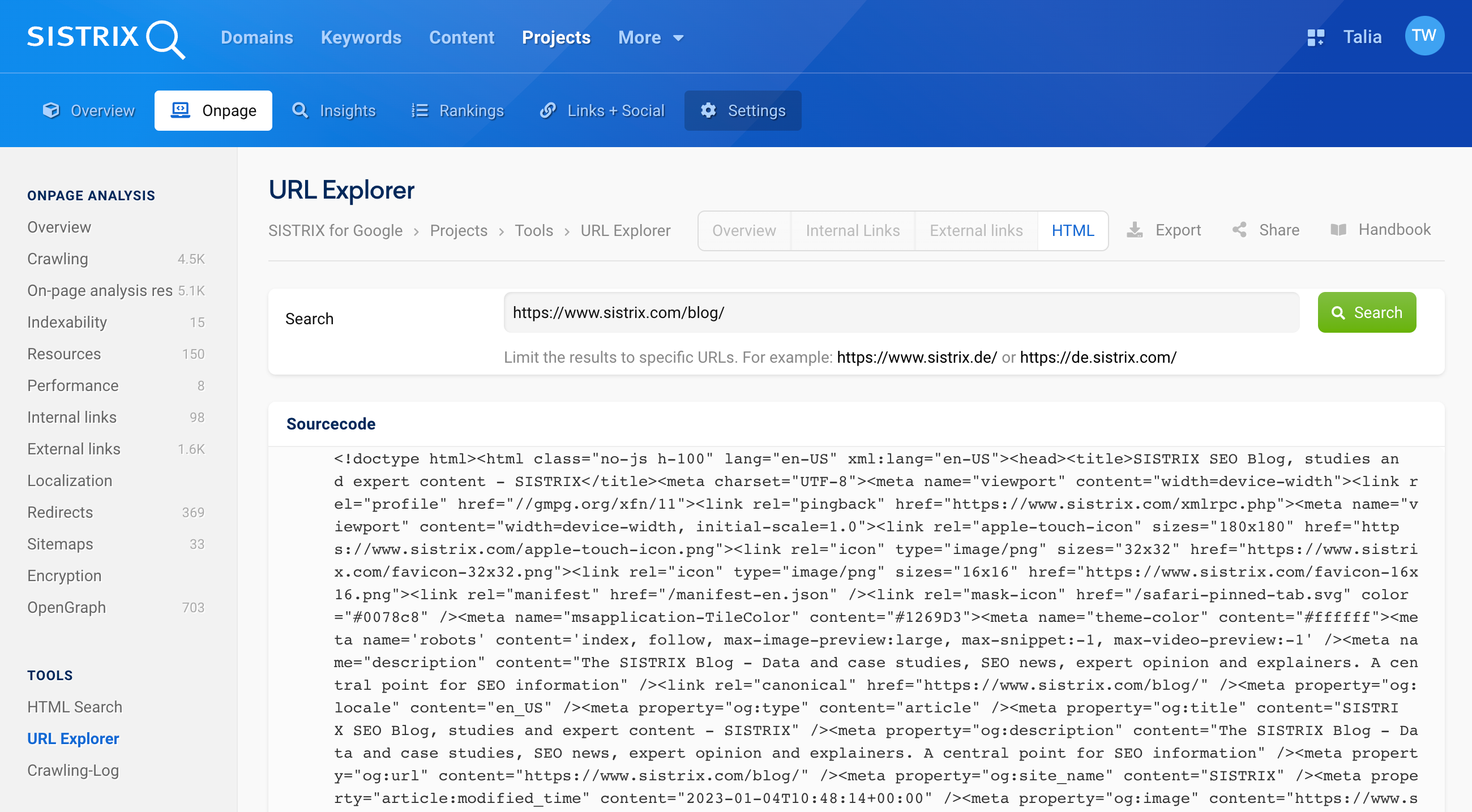 The source code for https://www.sistrix.com/blog/ in the HTML section of the Onpage project in SISTRIX.