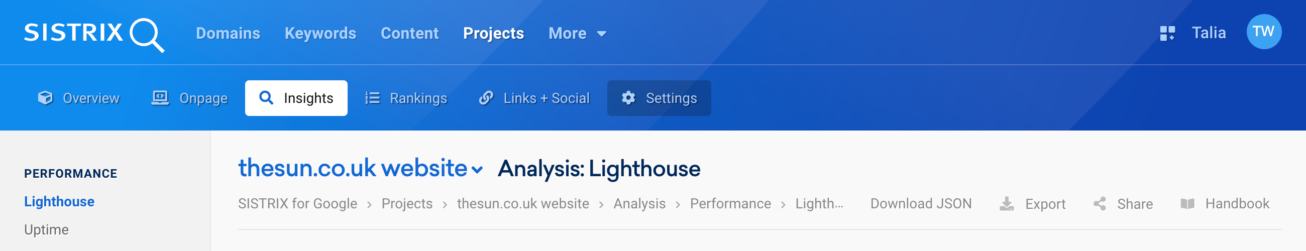 JSON download button of the Lighthouse analysis in SISTRIX.