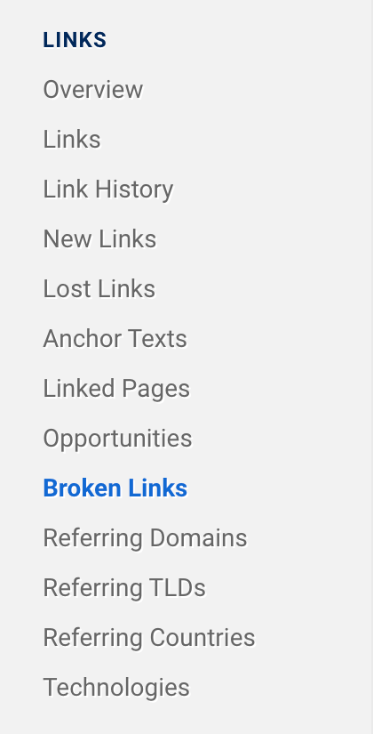 In the SISTRIX navigation on the left-hand side, the menu items Overview, Links, Link History, New Links, Lost Links, Anchor Texts, Linked Pages, Opportunities, Broken Links, Referring Domains, Referring TLDs, Referring Countries, Technologies can be found under the item "Links".