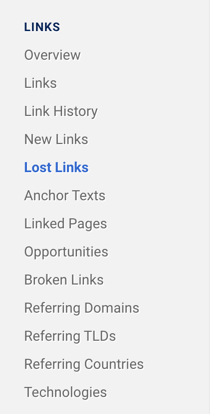 In the SISTRIX navigation on the left-hand side, the menu items Overview, Links, Link History, New Links, Lost Links, Anchor Texts, Linked Pages, Opportunities, Broken Links, Referring Domains, Referring TLDs, Referring Countries, Technologies can be found under the item "Links".