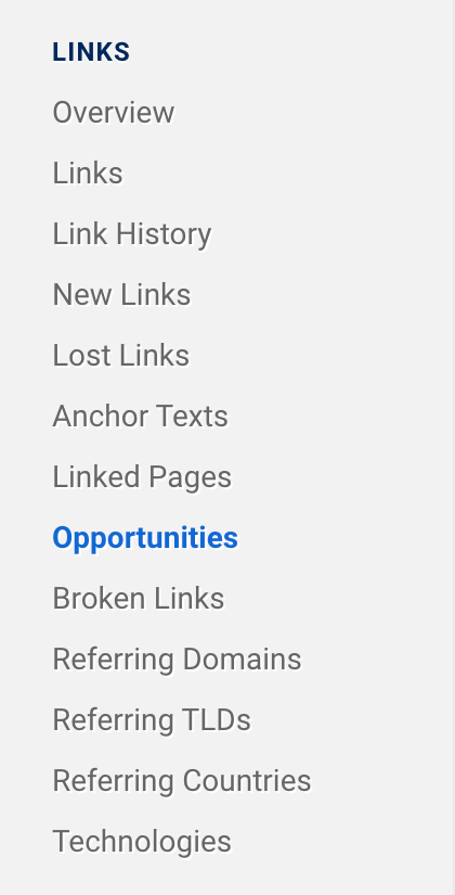 In the SISTRIX navigation on the left-hand side, the menu items Overview, Links, Link History, New Links, Lost Links, Anchor Texts, Linked Pages, Opportunities, Broken Links, Referring Domains, Referring TLDs, Referring Countries, Technologies can be found under the item "Links".