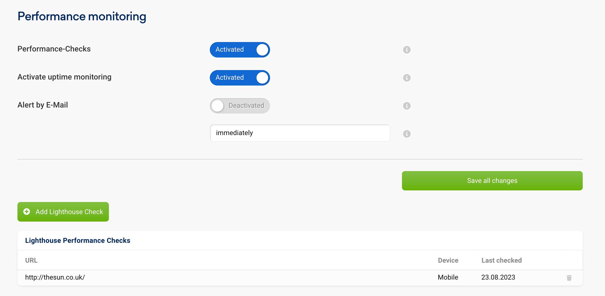 Further Lighthouse Checks can be added in the settings of the Onpage project in SISTRIX.