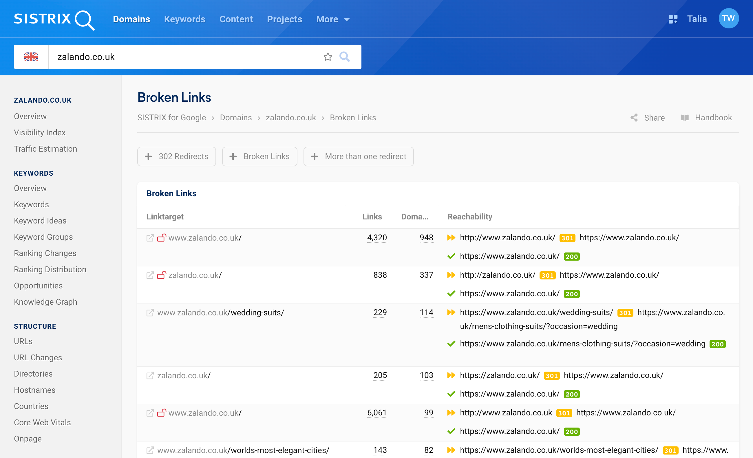 The overview of broken links of the domain zalando.co.uk in SISTRIX. There are three filter options at the top, followed by the table with the links, domains and reachability.