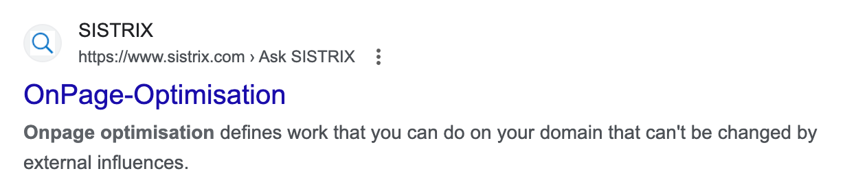 The SISTRIX page with the title "OnPage-Optimisation" in Google's search results.