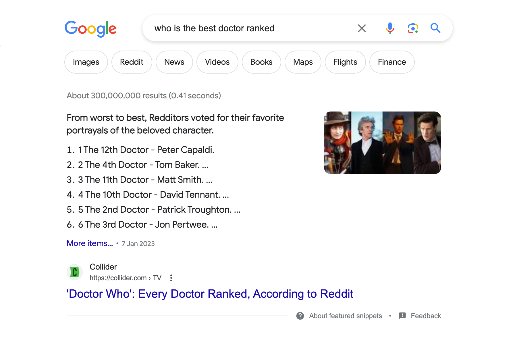 Search results page for the search query "who is the best doctor ranked". First, a Featured Snippet box is displayed with a list.