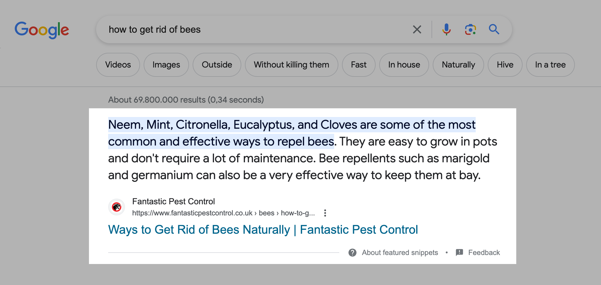 An example of a Featured Snippet in the Google search results for the search query "how to get rid of bees".
