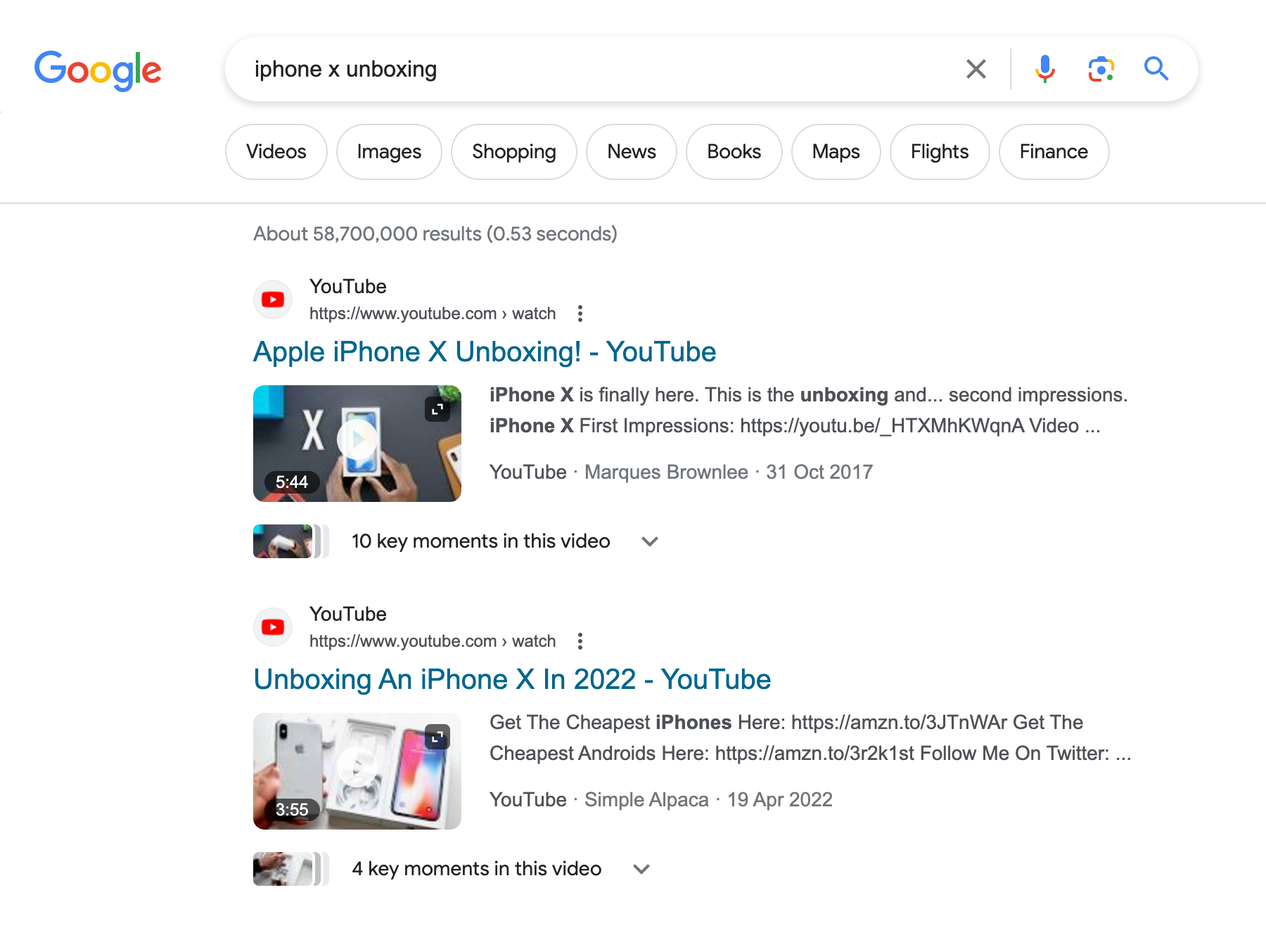 Search results page for the search query "iphone x unboxing". First, a Featured Snippet box is displayed showing videos on YouTube.