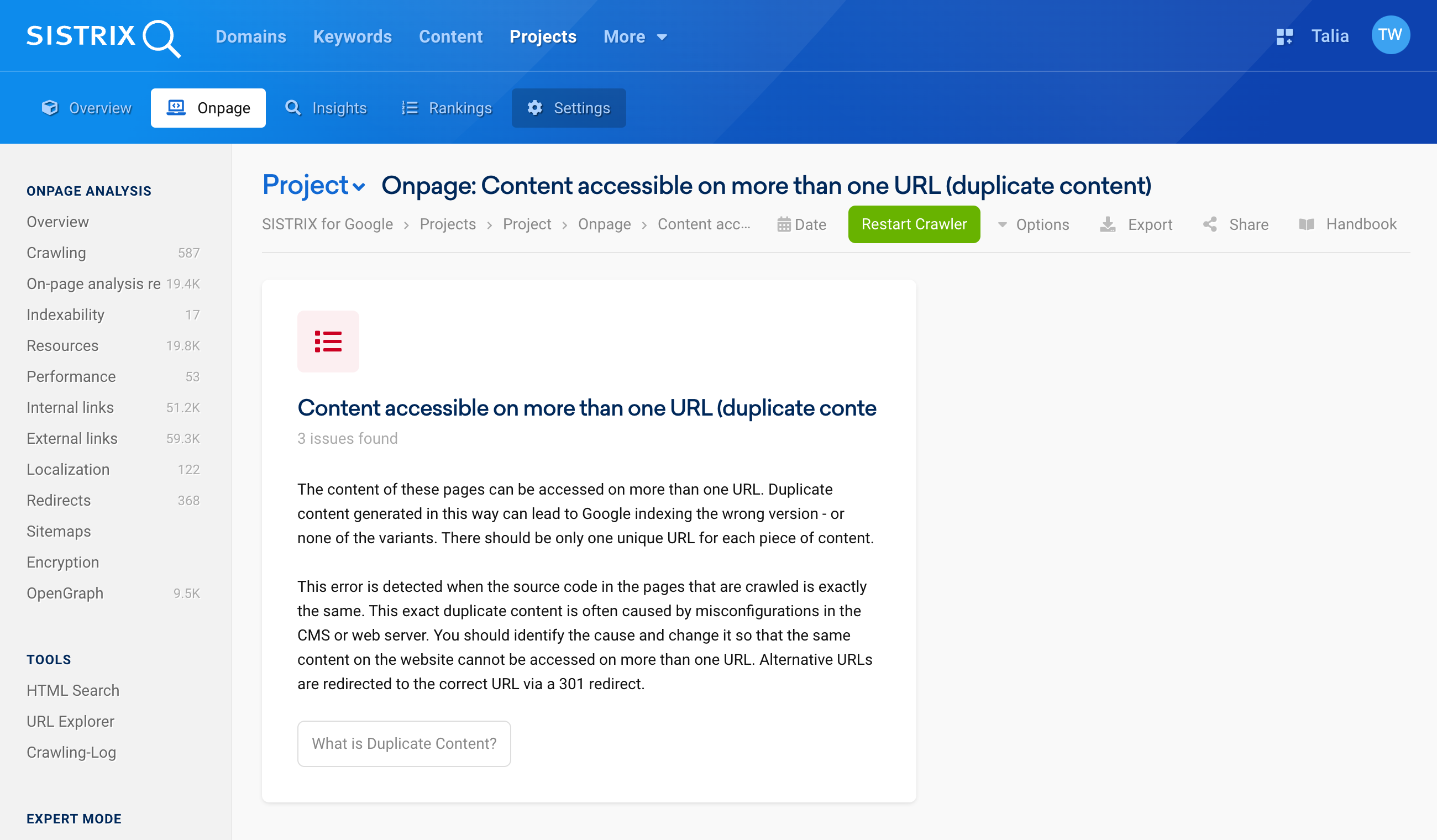 The SISTRIX Onpage project displays the error "Duplicate content".