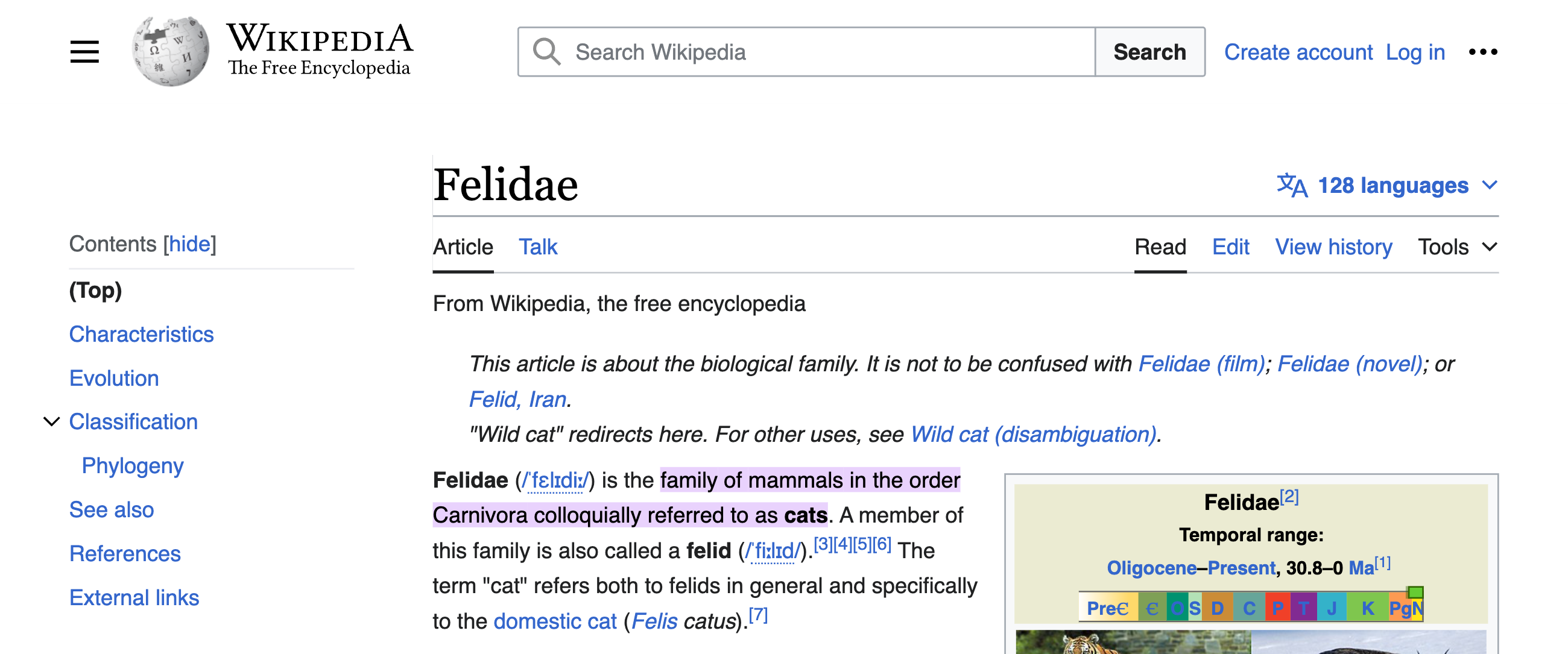 A highlighted text fragment in the Wikipedia article on Felidae.