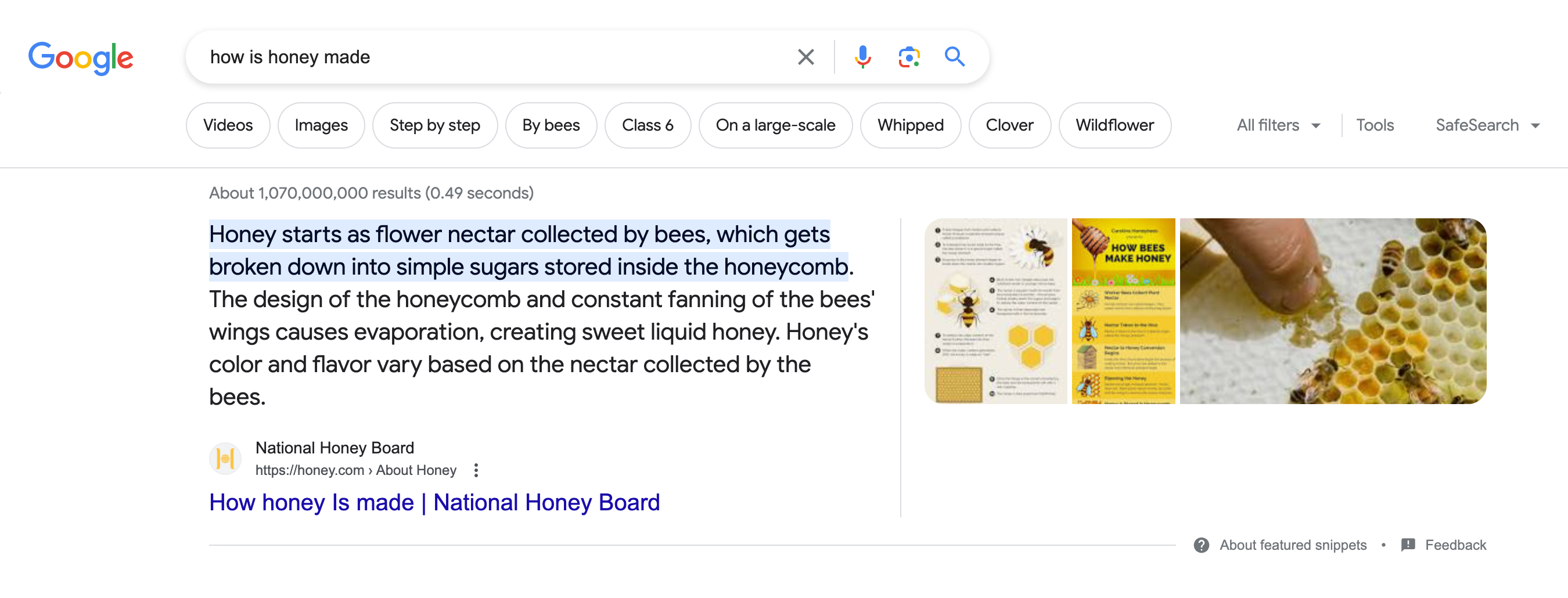 Search results page for the search query "how is honey made". First, a Featured Snippet box is displayed in which, in addition to the text, images are also displayed.