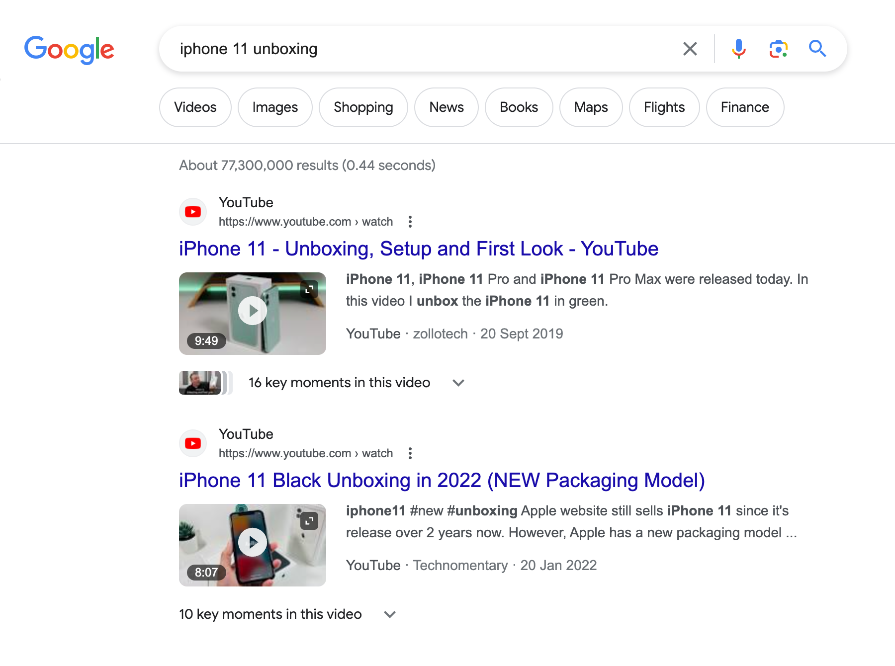 Search results page for the search query "iphone 11 unboxing". Two Featured Snippet boxes are displayed showing videos on YouTube.