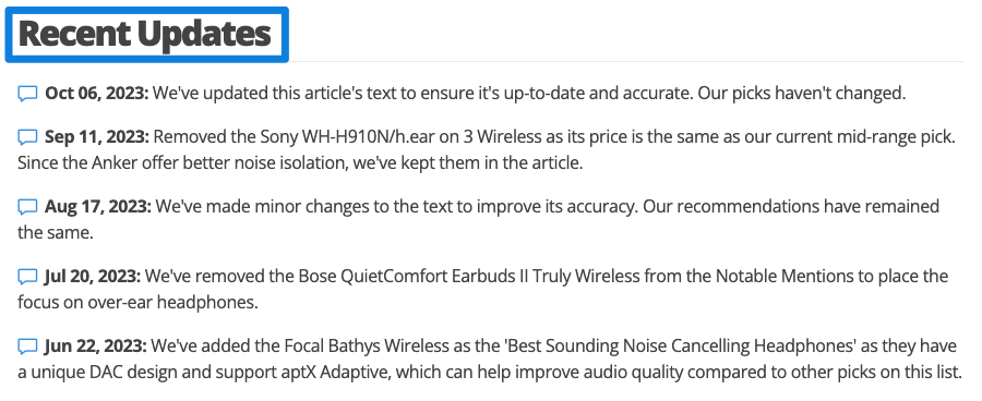 The 'Recent Updates' section on rtings.com, which lists the recent changes they've made to their recommendations.