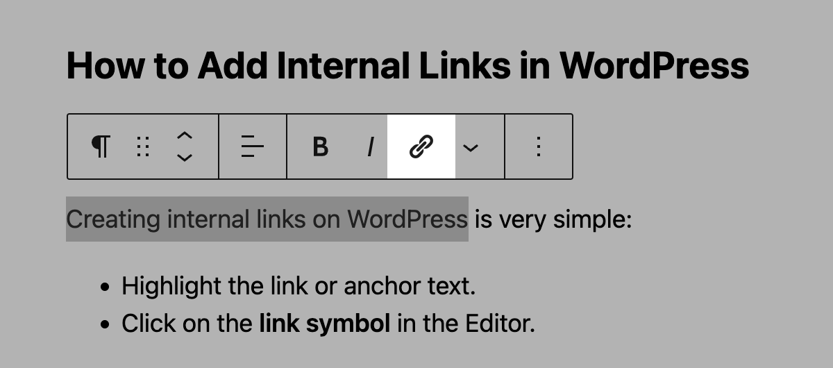 Insert link symbol in the Gutenberg Editor in WordPress.