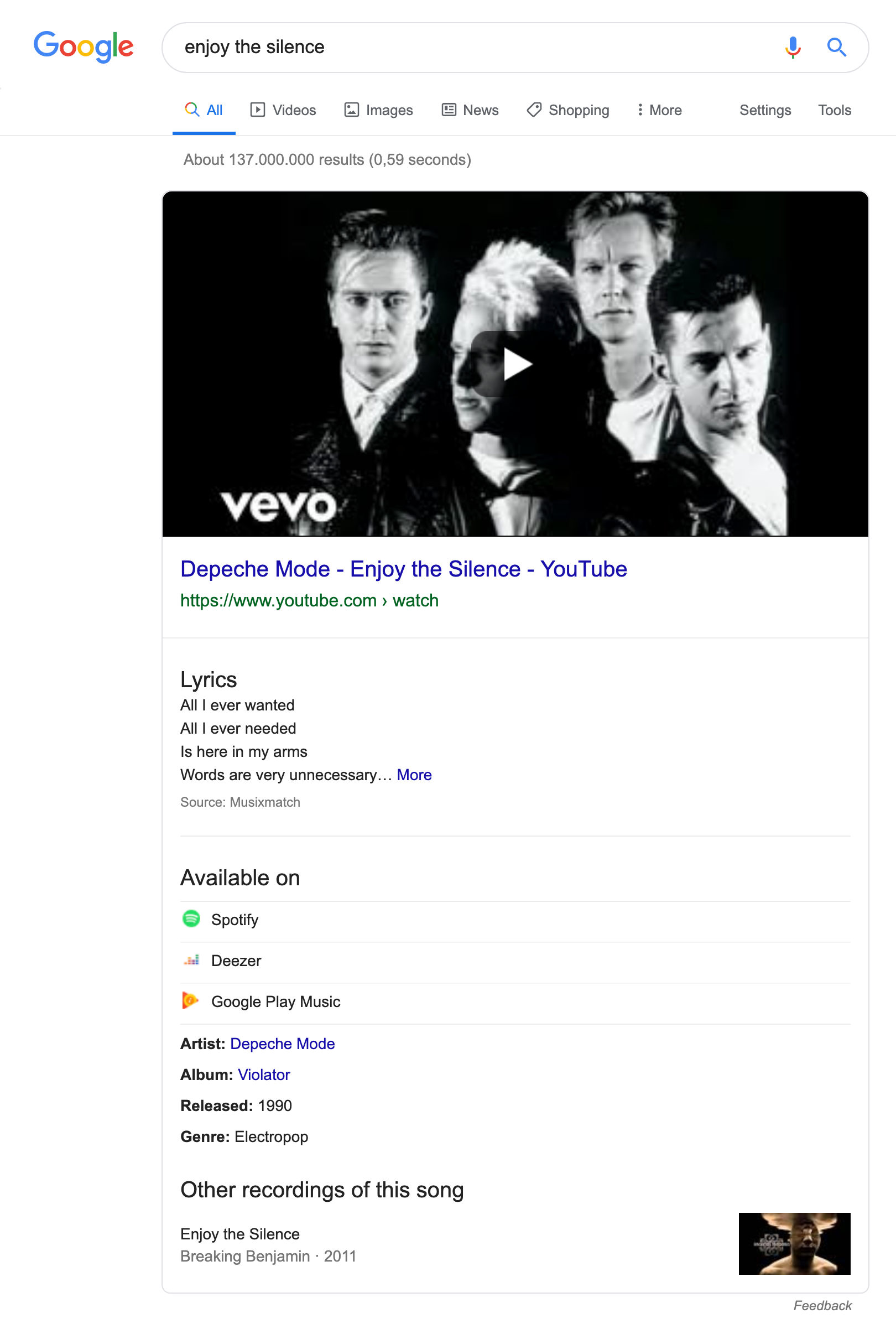 Search results page for the search query "enjoy the silence". First, a Knowledge Graph box is displayed in which the video on YouTube is linked, the lyrics can be displayed and information about the artist, the album, the release date and other information can be seen.