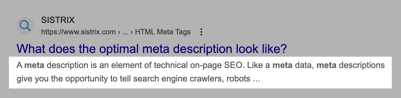 A search result in the Google search results. The meta description has been highlighted here.