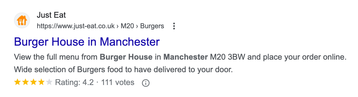 Example image for a rich snippet. The search result is a Burger House in Manchester on the just-eat.co.uk website. The result is displayed with a rating snippet. There are 5 stars under the meta description, 4 of which are highlighted in yellow.