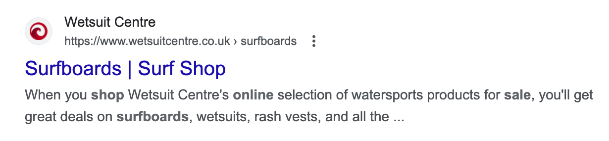 A Google search result for the website wetsuitcentre.co.uk. The search term is "buy surfboards online". The meta description has been cut off by Google.