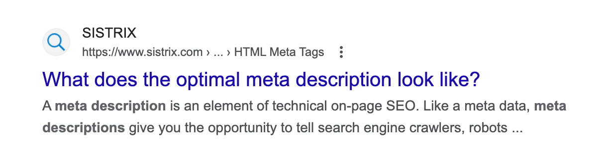 An example of the Google search result for the page "What does the optimal meta description look like?" from the Ask SISTRIX knowledge database.