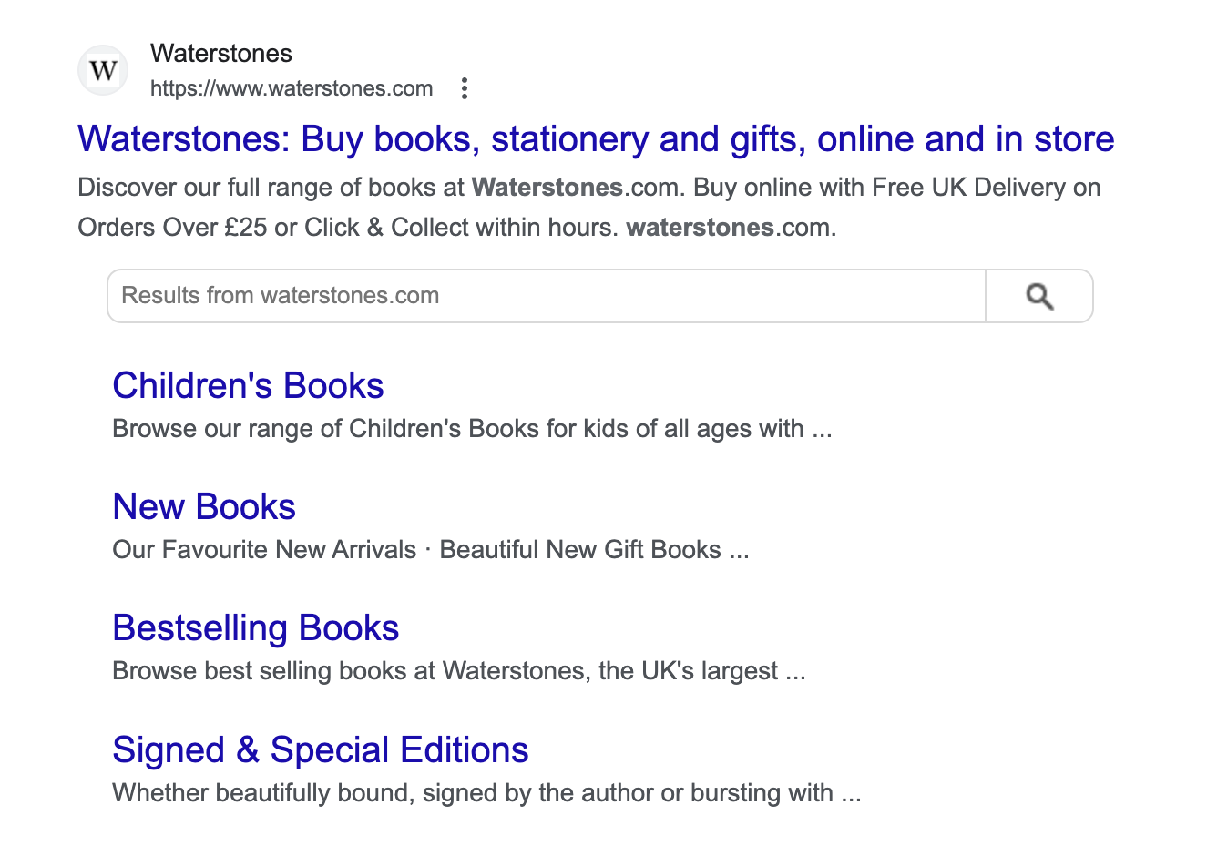An example search result on Google for the page waterstones.com (bookstore). What is special here is that the subpages of the website are displayed in the snippet.