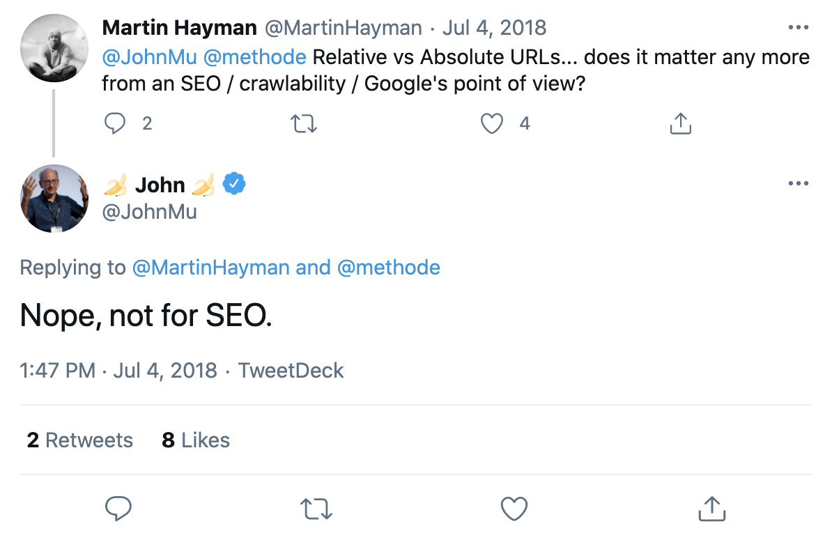 Reply tweet from John Mueller. The question is whether absolute vs. relative URLs have any meaning for SEO. The answer is no.