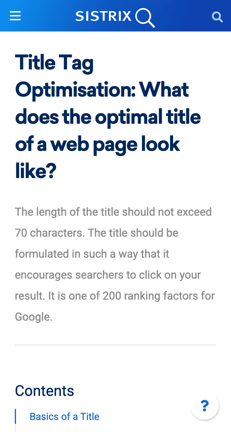 The mobile view of the SISTRIX guide to title tag optimisation.
