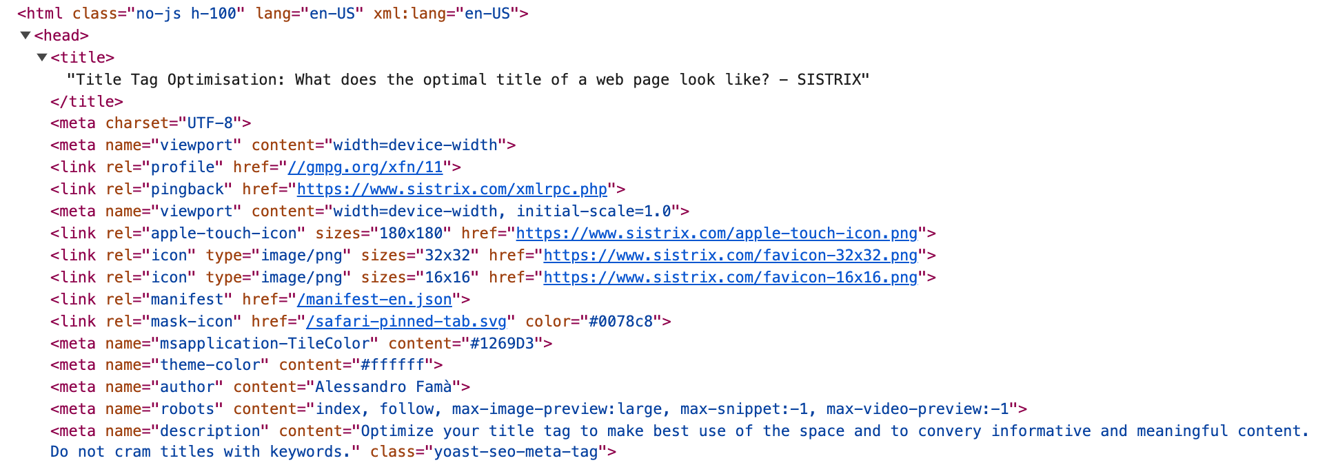 An excerpt of the source code of the SISTRIX guide to title tag optimisation.