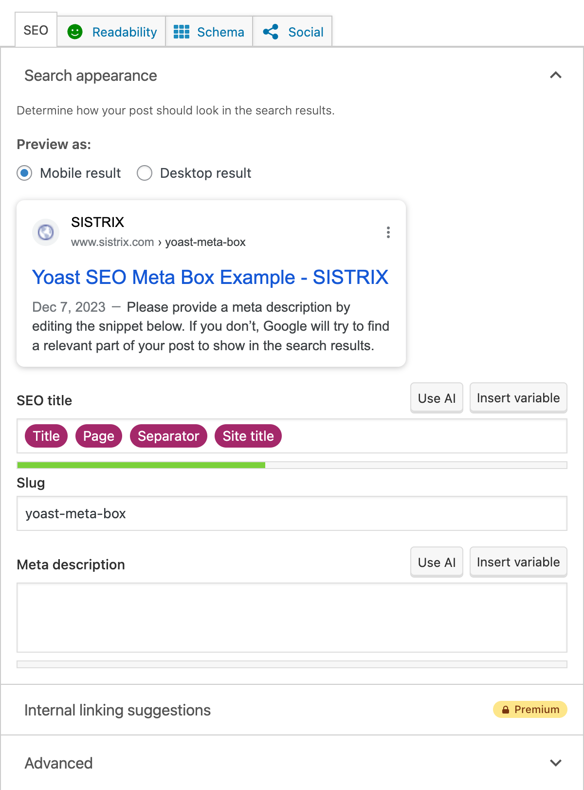 An example of the Yoast SEO meta box in WordPress.