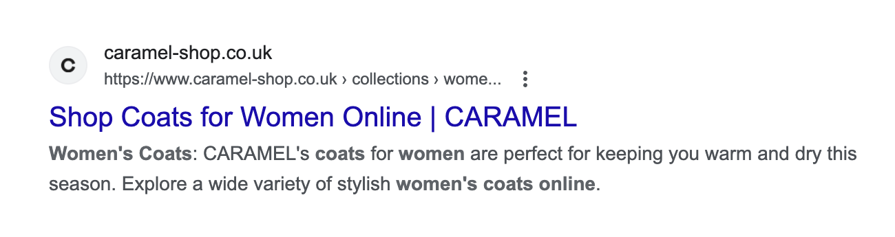 Google search result in the Google SERPs with the title "Shop Coats for Women Online | CARAMEL".