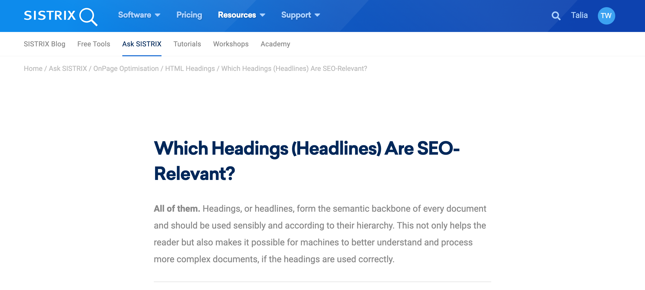 Screenshot of the SISTRIX article "Which Headings (Headlines) Are SEO-Relevant?". The title of the article is also the page title.