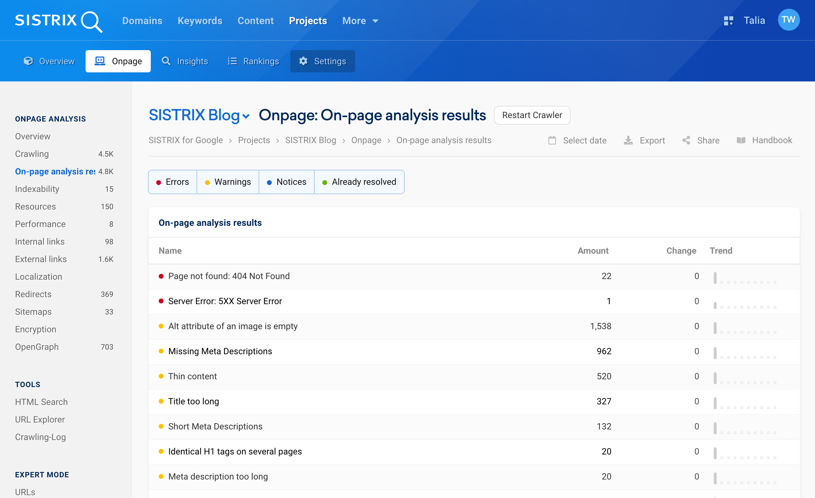The onpage analysis results page of a SISTRIX Onpage project. SEO errors, warnings and notices are displayed here.