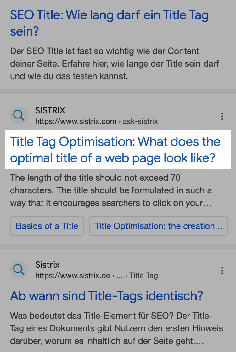 The article on title tag optimisation displayed in the Google search results. The title is highlighted.
