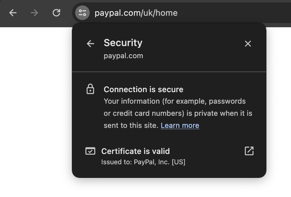 The SSL certificate of the paypal.com page in the Chrome browser.