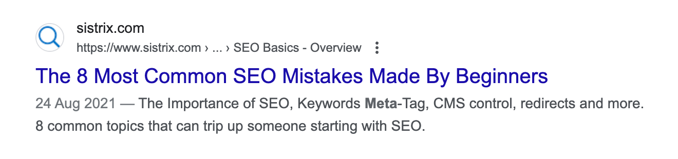 Google search result of the page "The 8 Most Common SEO Mistakes Made By Beginners" from the Ask SISTRIX knowledge database.