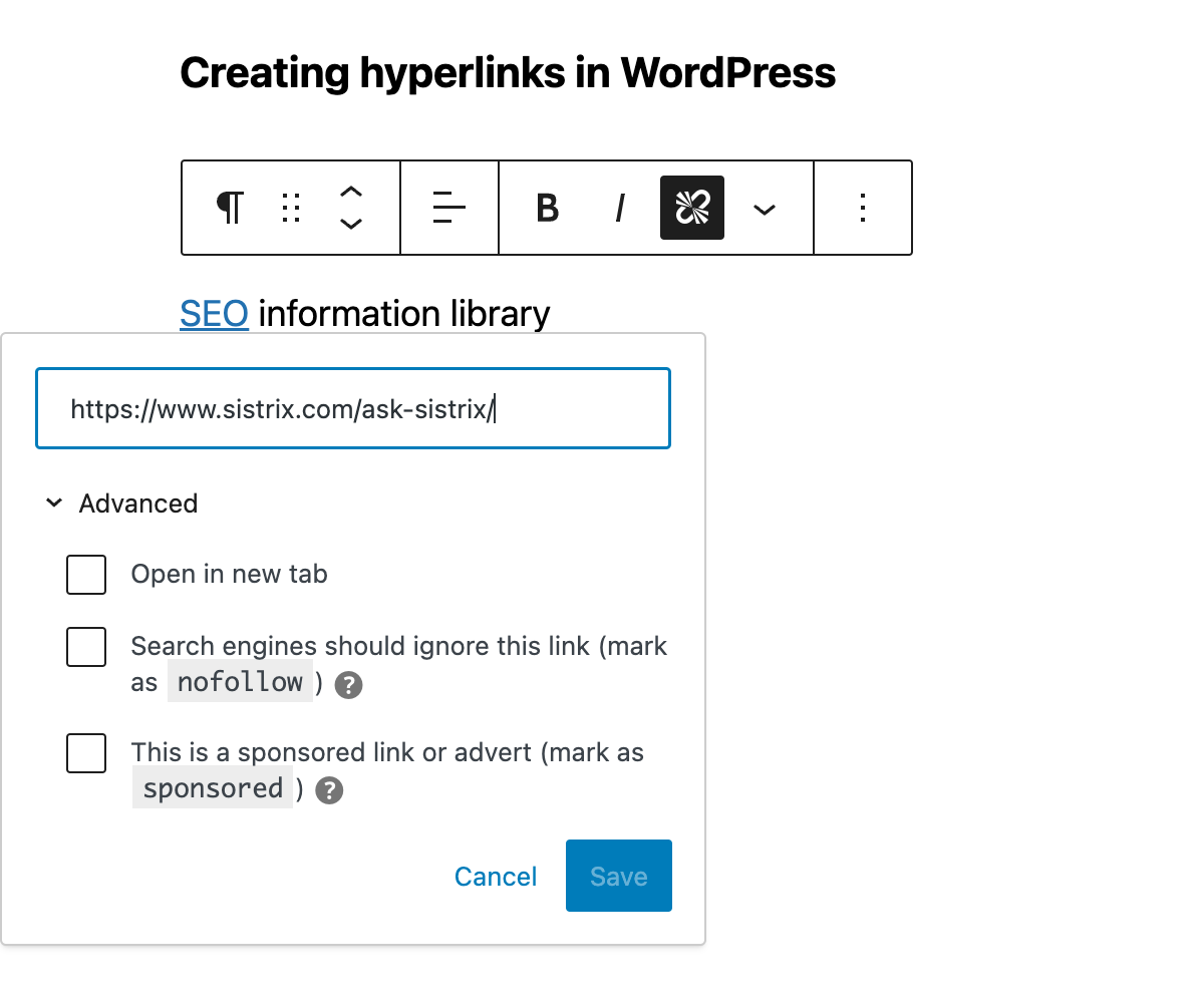 The input field for the URL of the target address in WordPress. After entering the URL, it is possible to make further settings here, e.g. open the link in a new tab or mark it as nofollow or sponsored.