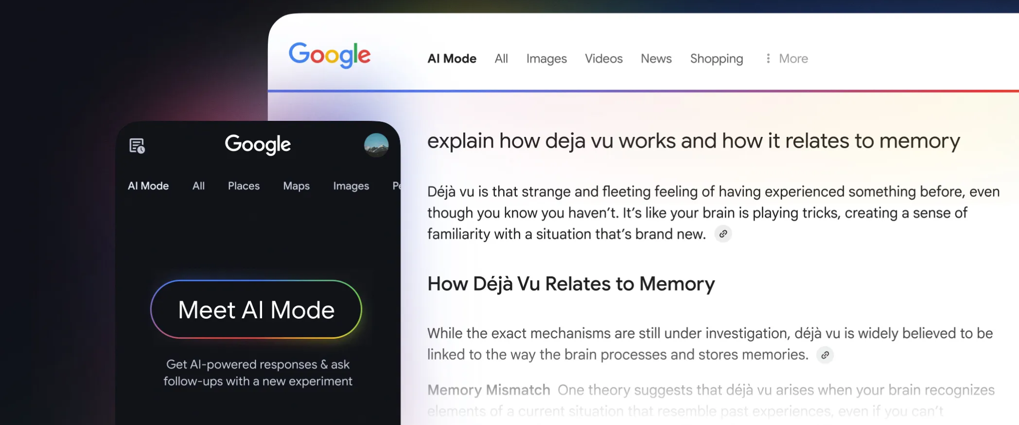 Google search in AI mode with AI response to déjà vu.