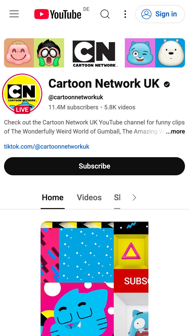 Home page of the Cartoon Network UK YouTube channel.