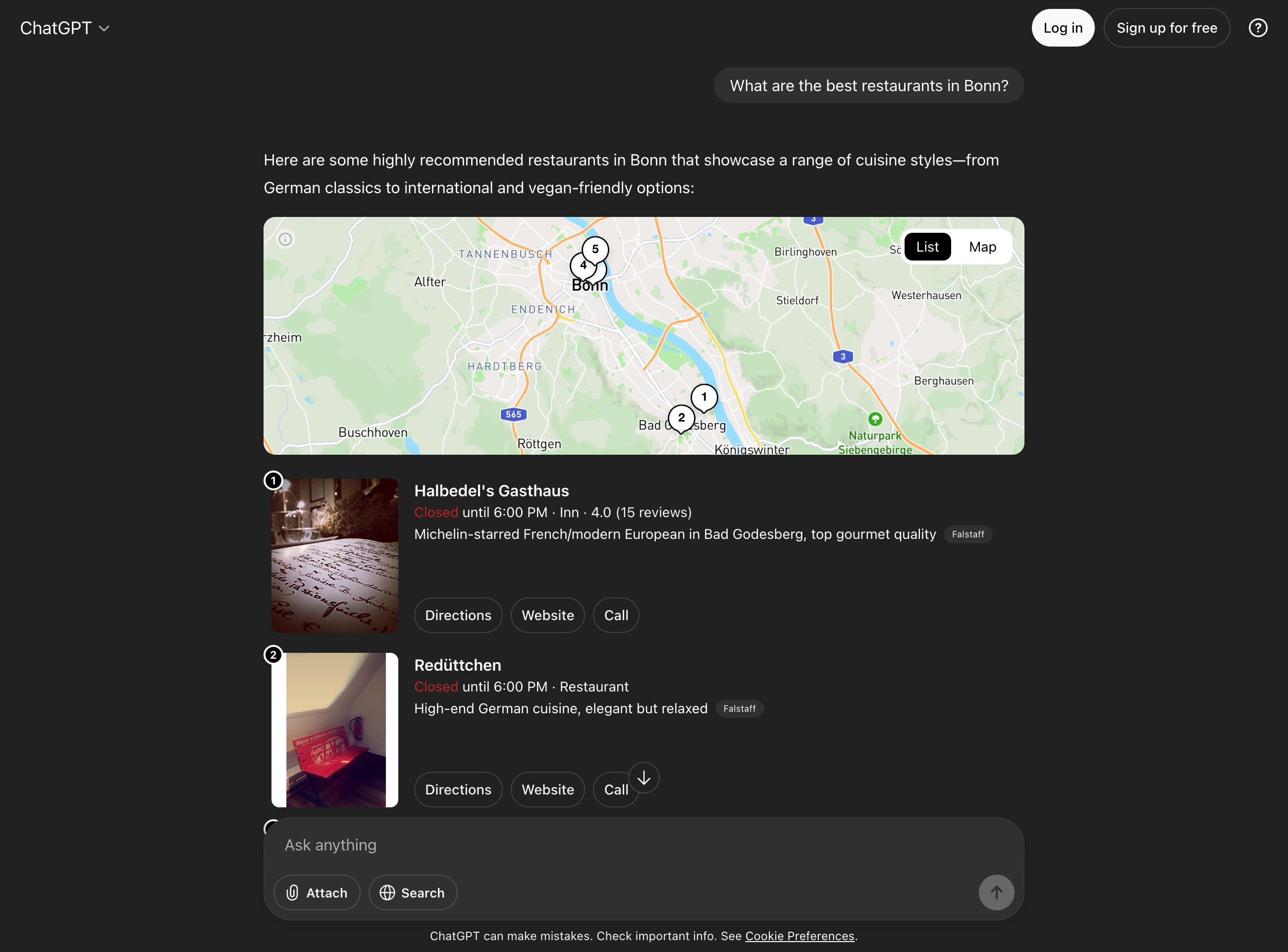 Local restaurant search in ChatGPT with interactive map for Bonn and two Michelin-listed restaurants, including opening hours and links.
