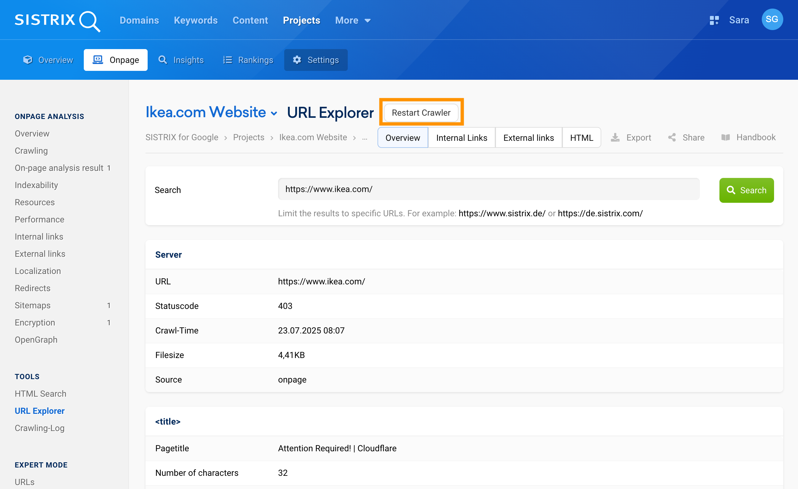 SISTRIX URL Explorer with details about the checked page, status code 403, crawl time and the option to restart the crawler.