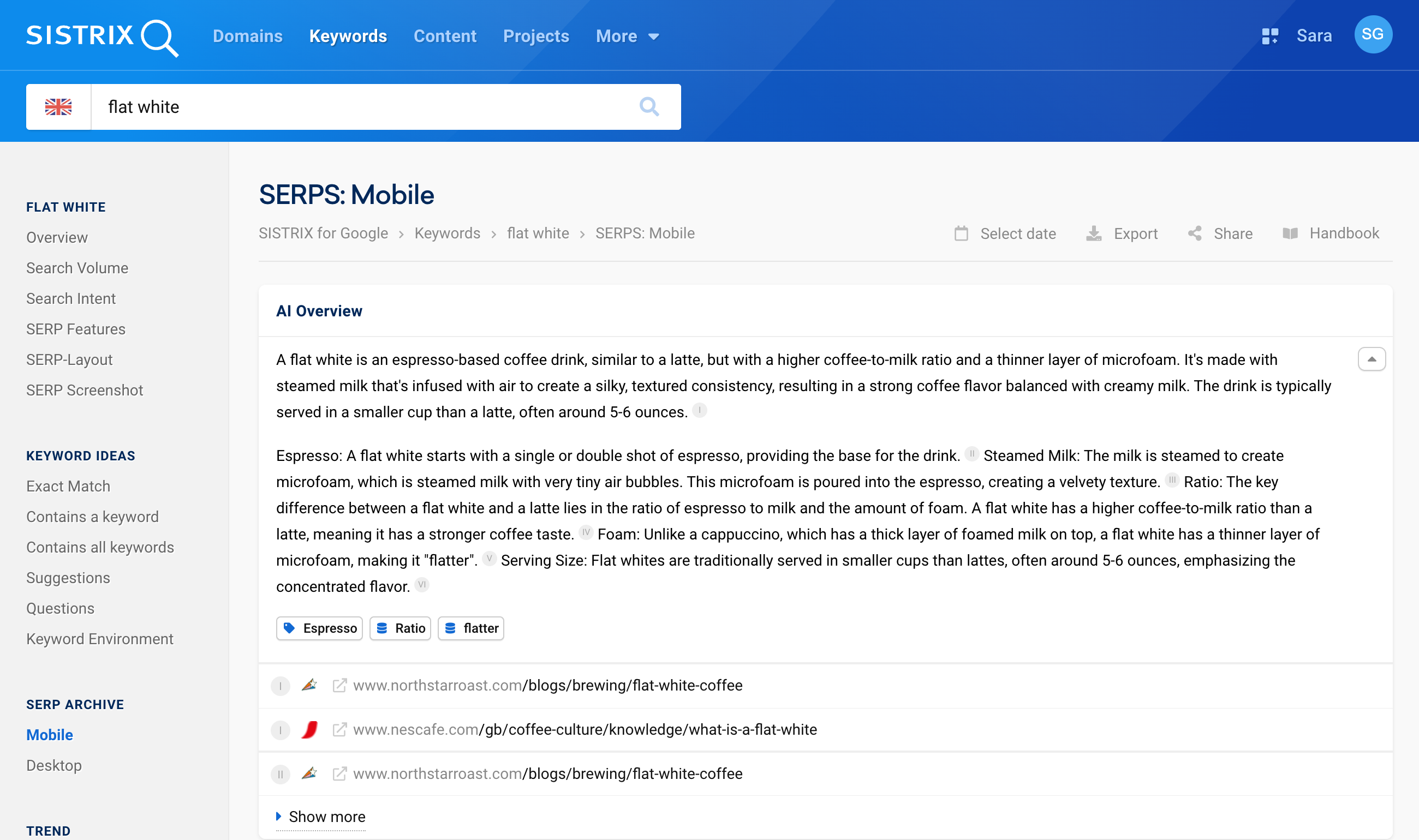 SISTRIX Mobile SERP with AI overview for the keyword "flat white" and brief explanations of the ingredients and preparation of the cocktail.