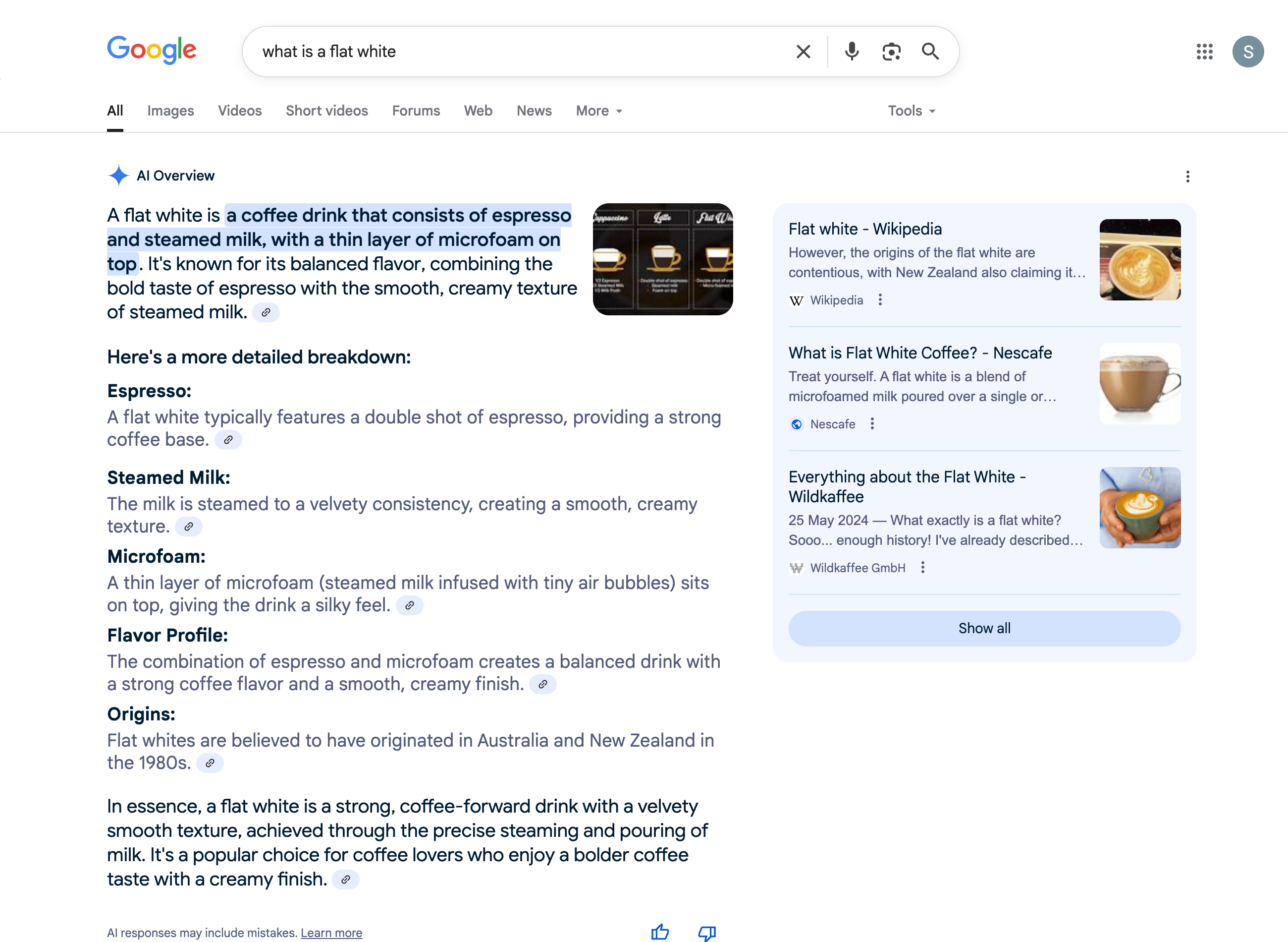 AI overview for the keyword "what is a flat white" with structured information on preparation, taste and origin.