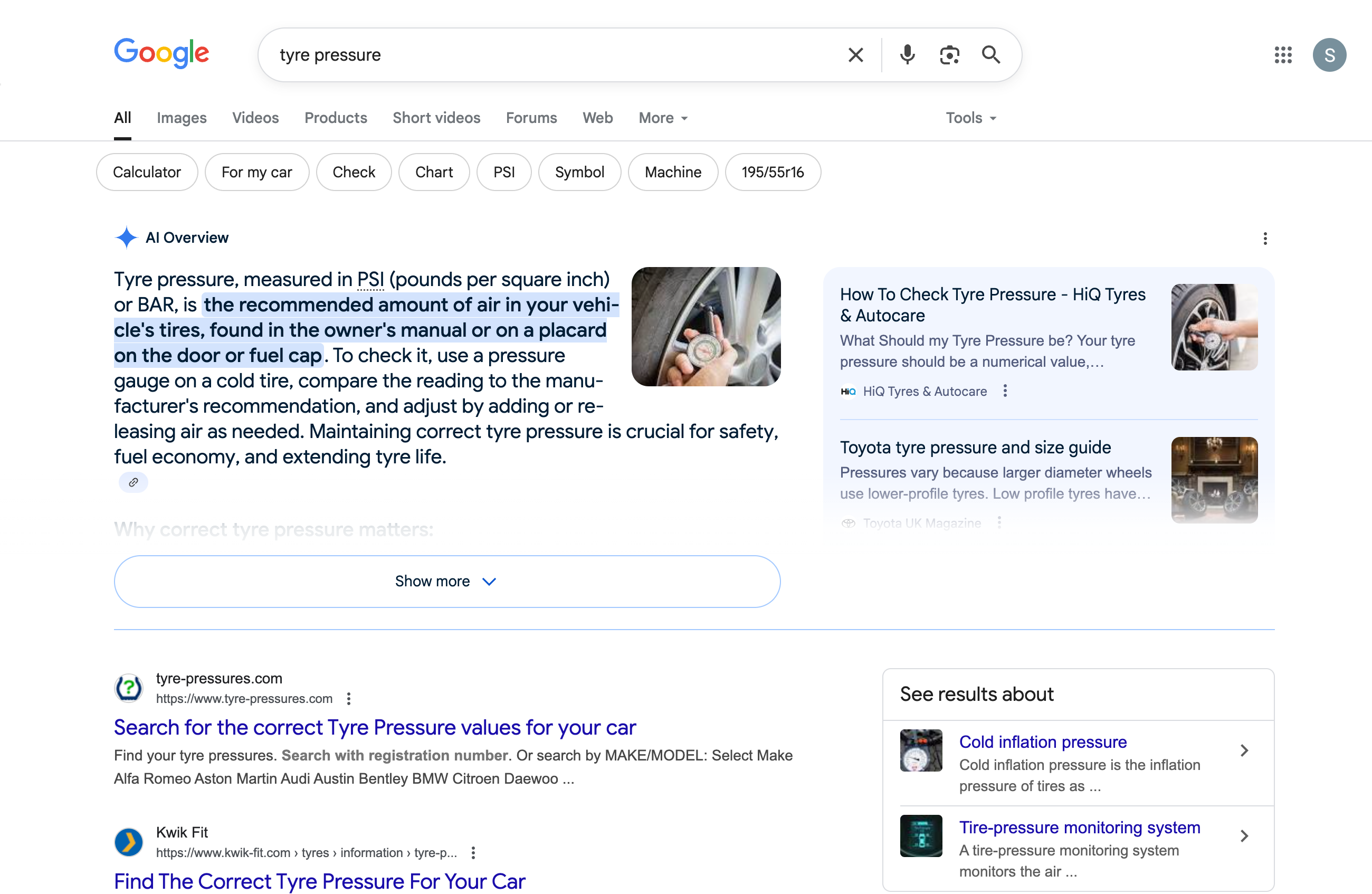 Google search shows AI overview of tyre pressure for bicycles.