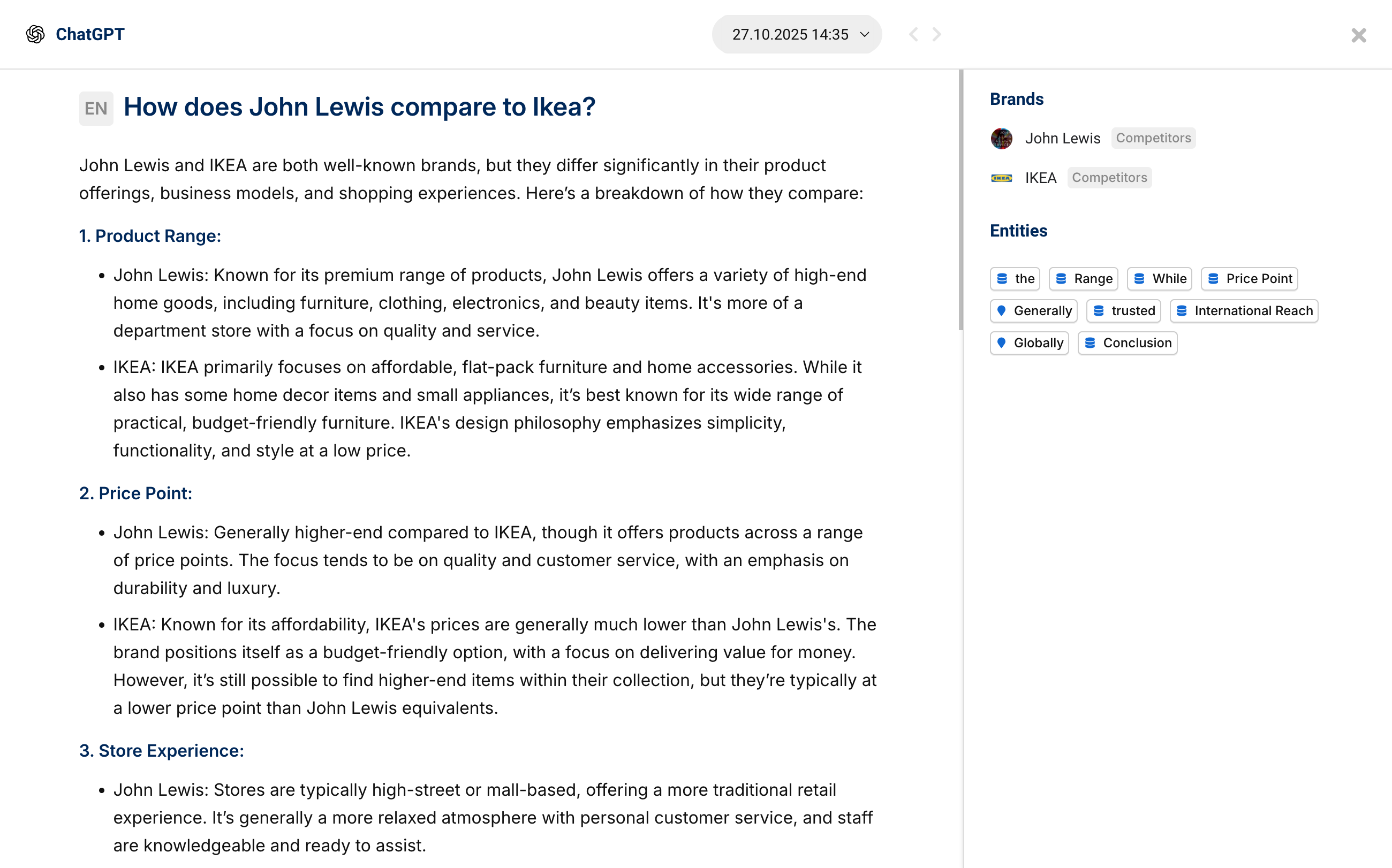 SISTRIX Projects detailed view of the prompt "How does John Lewis compare to Ikea?", including brand mentions and entities.