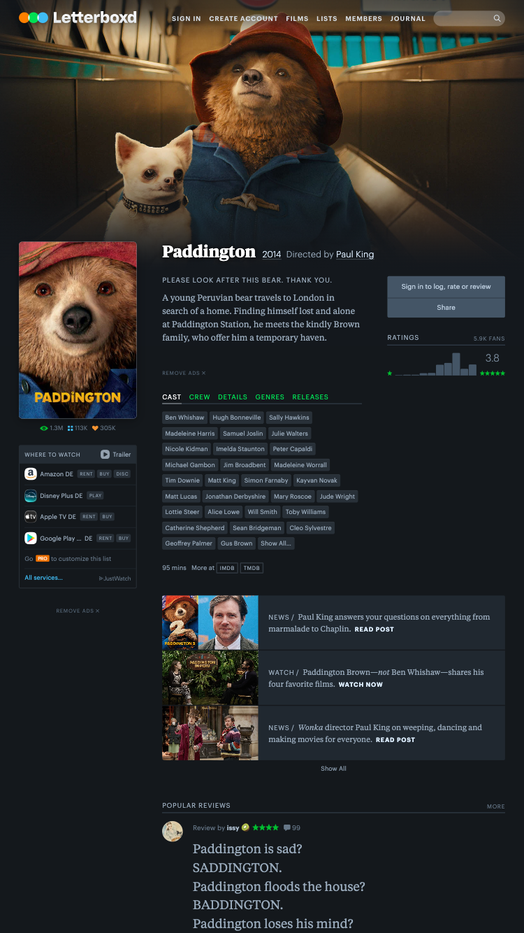 Example of a movie page.